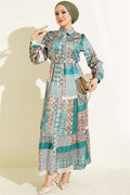 Retro Patterned Full-Length Buttoned Dress Green
