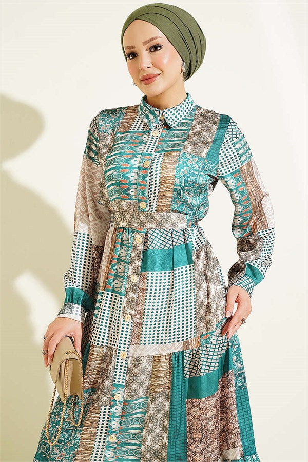 Retro Patterned Full-Length Buttoned Dress Green