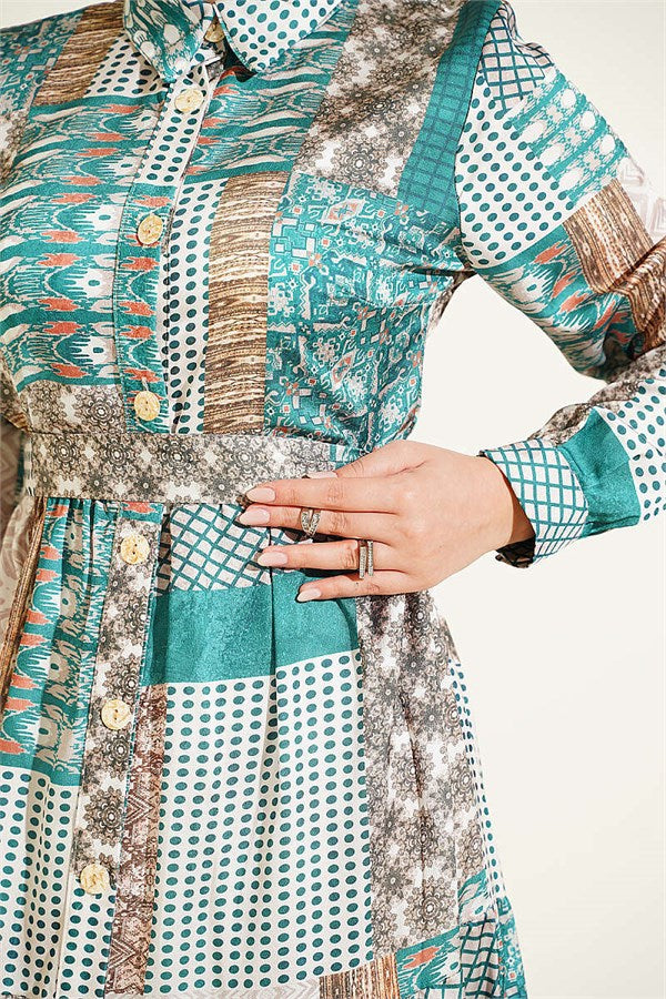 Retro Patterned Full-Length Buttoned Dress Green