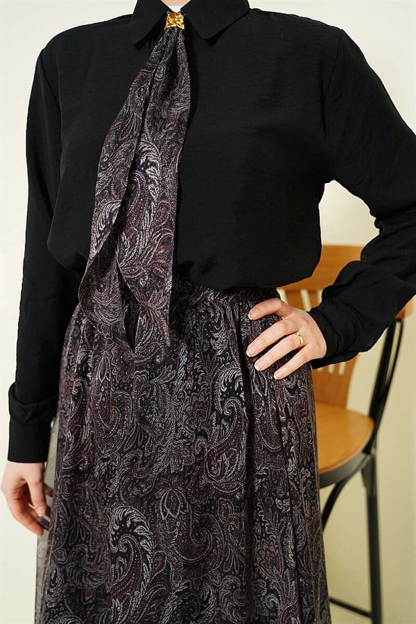 Retro Patterned Skirt 2 Piece Set with Scarf, Black