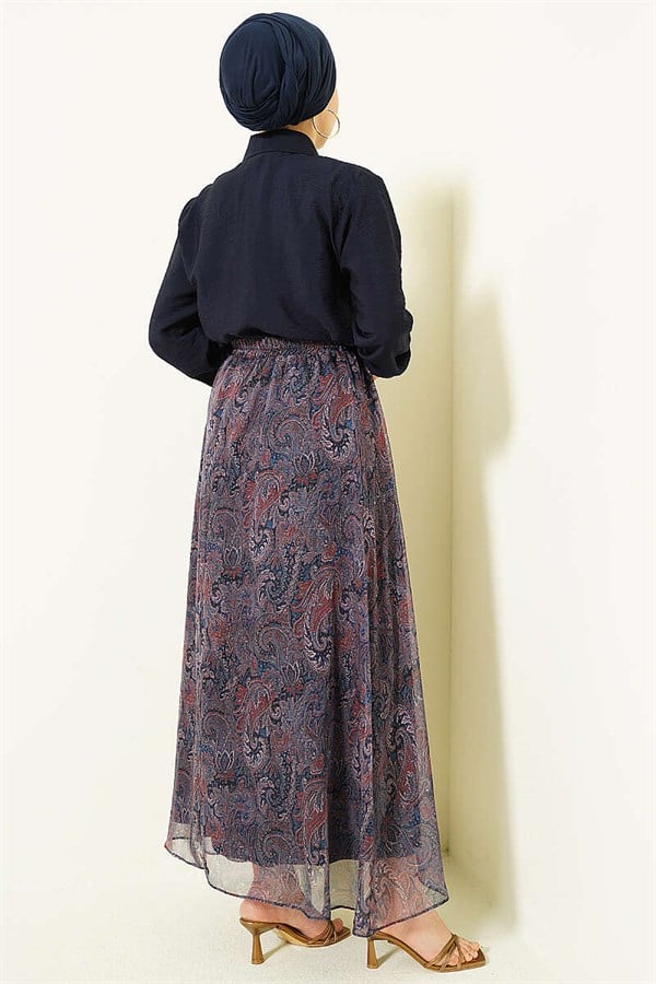 Retro Patterned 2 Piece Set with Scarf and Skirt, Navy Blue