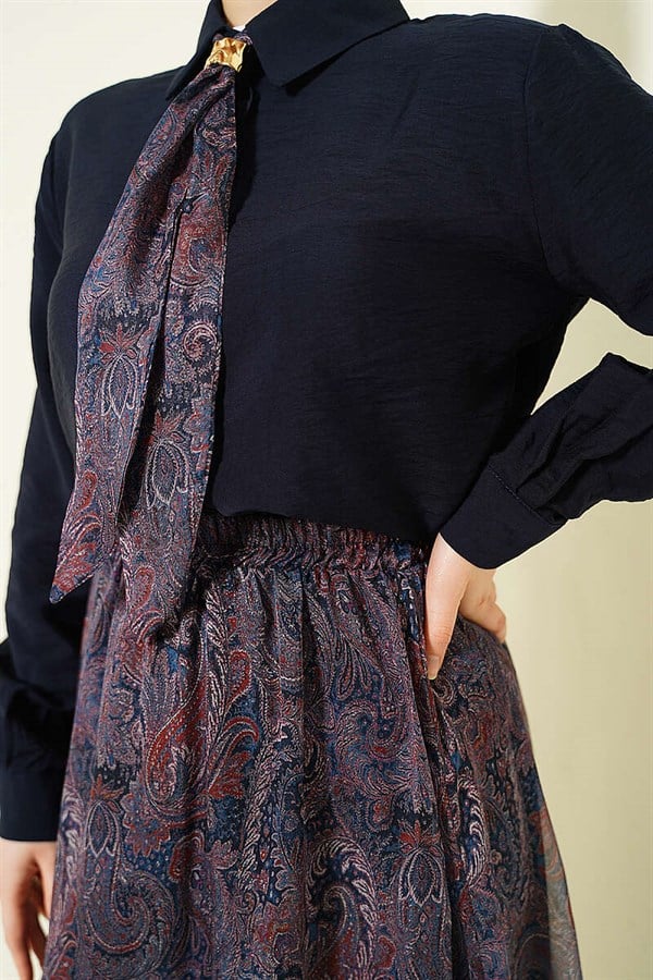 Retro Patterned 2 Piece Set with Scarf and Skirt, Navy Blue