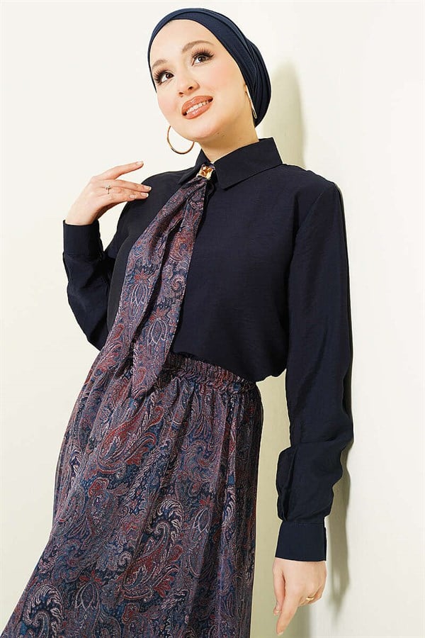 Retro Patterned 2 Piece Set with Scarf and Skirt, Navy Blue