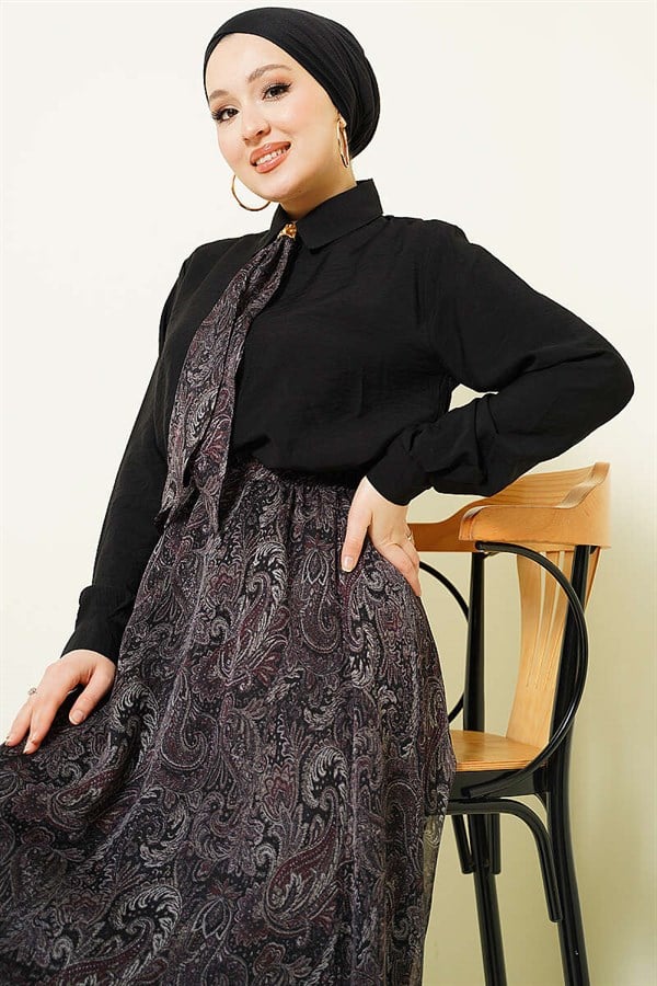 Retro Patterned Skirt 2 Piece Set with Scarf, Black