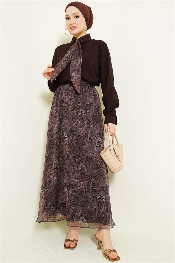 Retro Patterned 2 Piece Set with Scarf and Skirt, Dark Brown