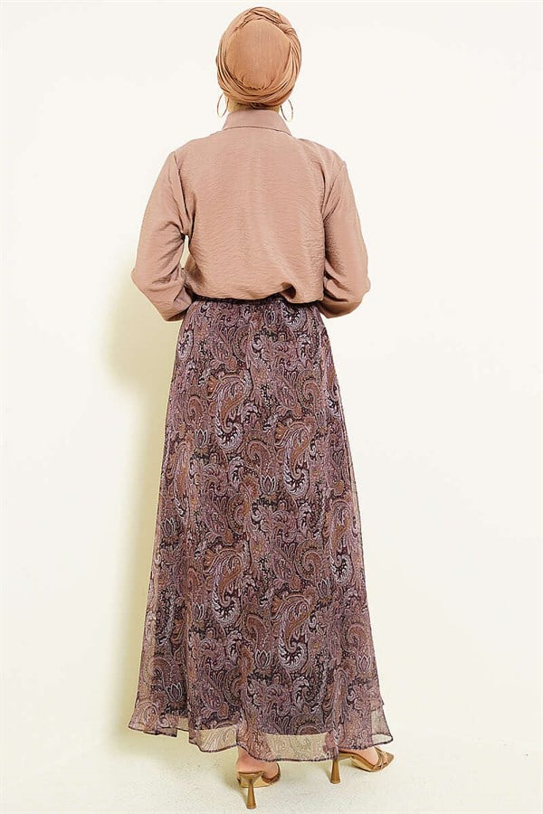 Retro Patterned Skirt and Scarf 2 Piece Set in Mink Color