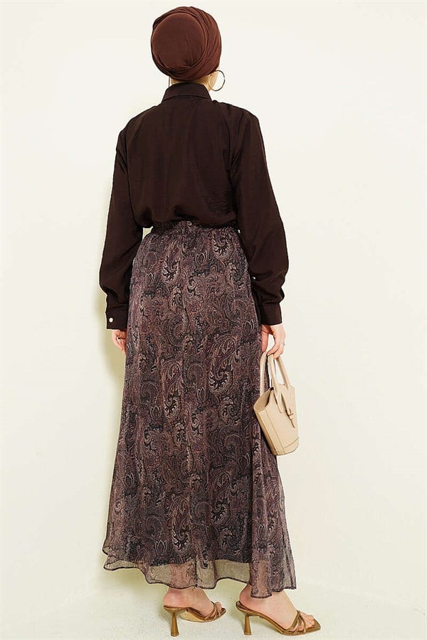 Retro Patterned 2 Piece Set with Scarf and Skirt, Dark Brown