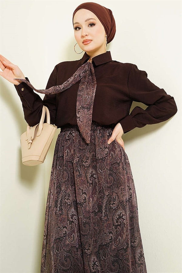 Retro Patterned 2 Piece Set with Scarf and Skirt, Dark Brown