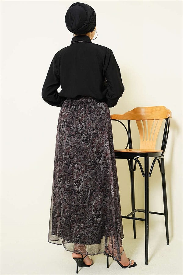 Retro Patterned Skirt 2 Piece Set with Scarf, Black