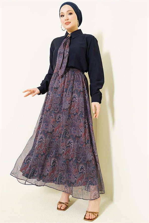 Retro Patterned 2 Piece Set with Scarf and Skirt, Navy Blue