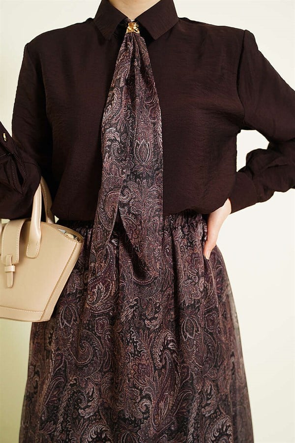 Retro Patterned 2 Piece Set with Scarf and Skirt, Dark Brown