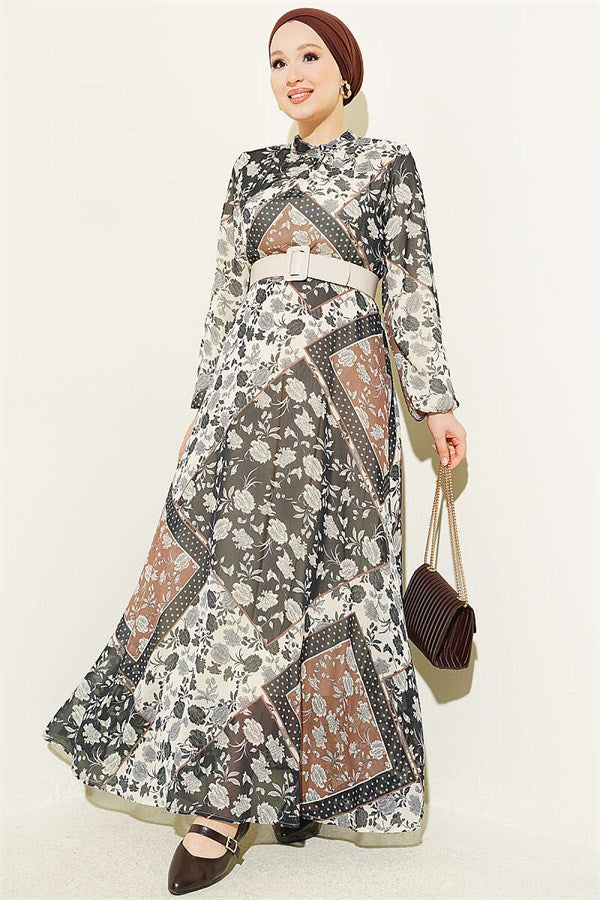 Retro Patterned Chiffon Dress in Coffee