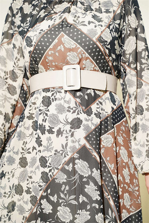 Retro Patterned Chiffon Dress in Coffee