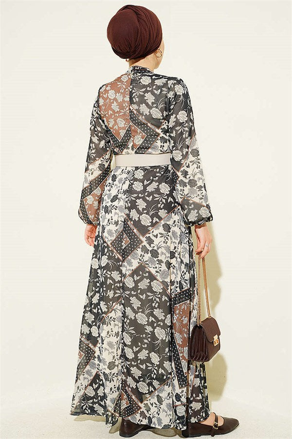 Retro Patterned Chiffon Dress in Coffee
