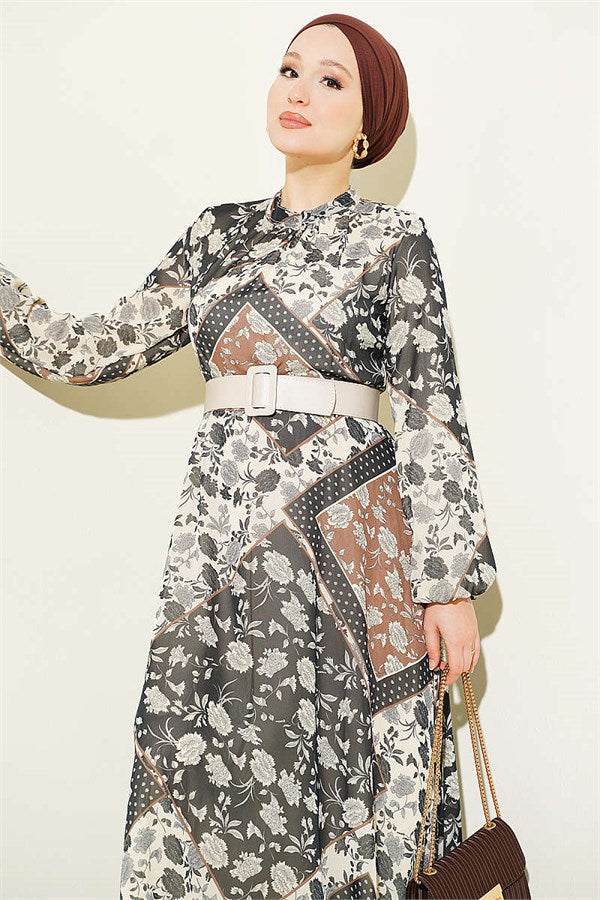 Retro Patterned Chiffon Dress in Coffee