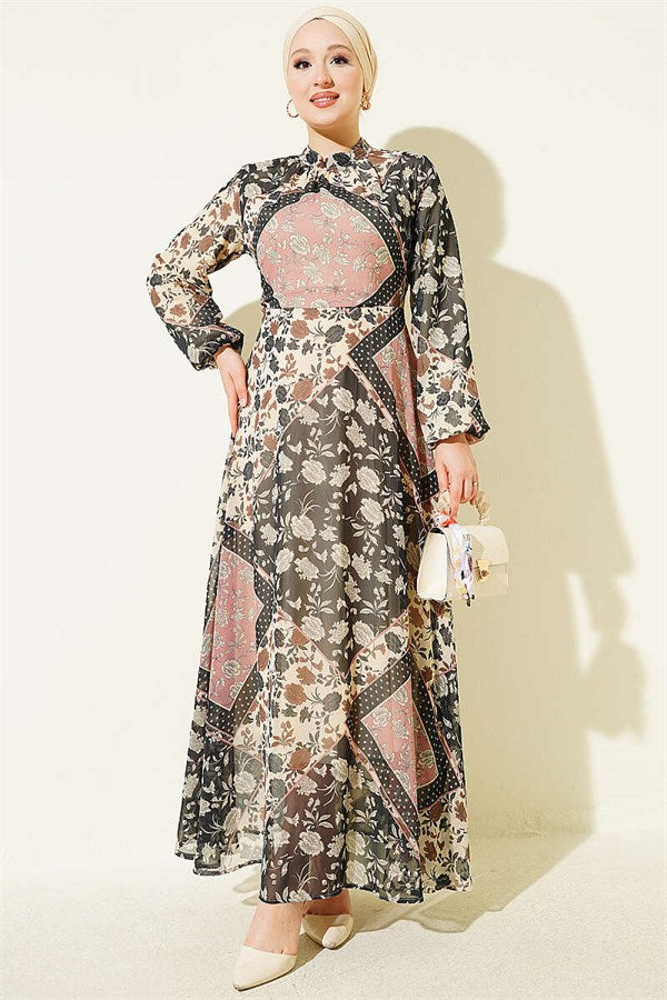 Retro Patterned Chiffon Dress Powder Pink