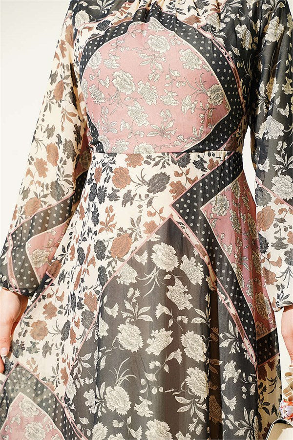 Retro Patterned Chiffon Dress Powder Pink