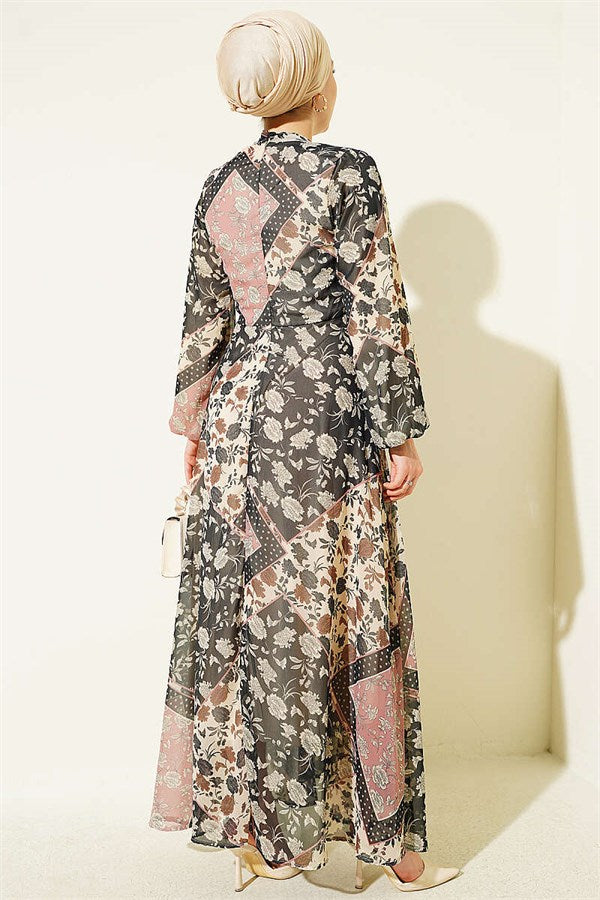 Retro Patterned Chiffon Dress Powder Pink