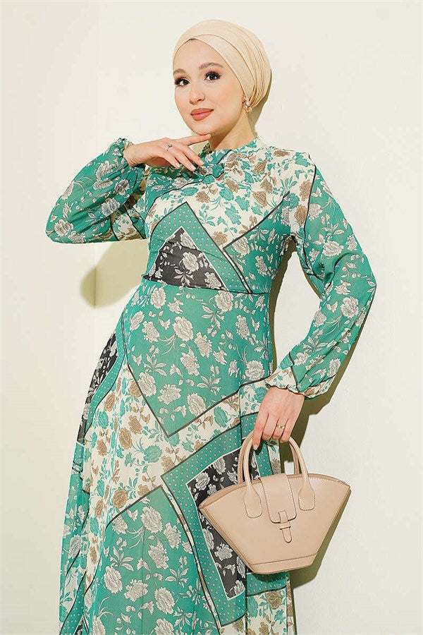 Retro Patterned Chiffon Dress Green