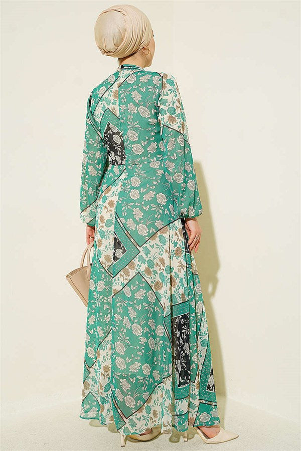 Retro Patterned Chiffon Dress Green
