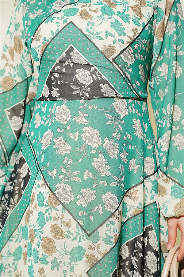 Retro Patterned Chiffon Dress Green