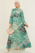Retro Patterned Chiffon Dress Green