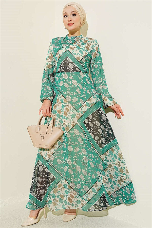 Retro Patterned Chiffon Dress Green