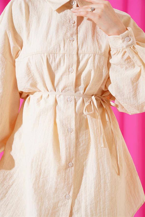 Balloon Sleeve Belted Shirt Beige