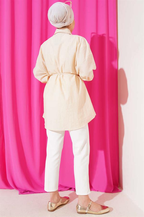 Balloon Sleeve Belted Shirt Beige