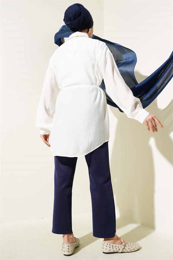Shirt with Rope Belt and Yoke in Ecru