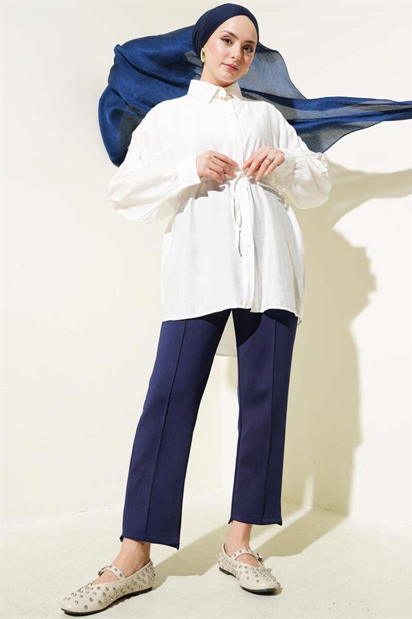 Shirt with Rope Belt and Yoke in Ecru