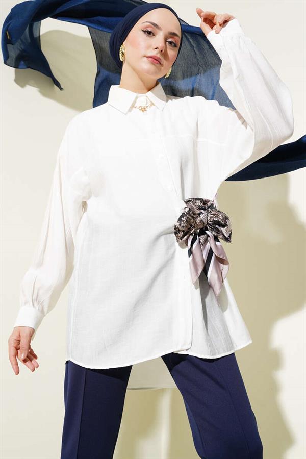 Shirt with Rope Belt and Yoke in Ecru
