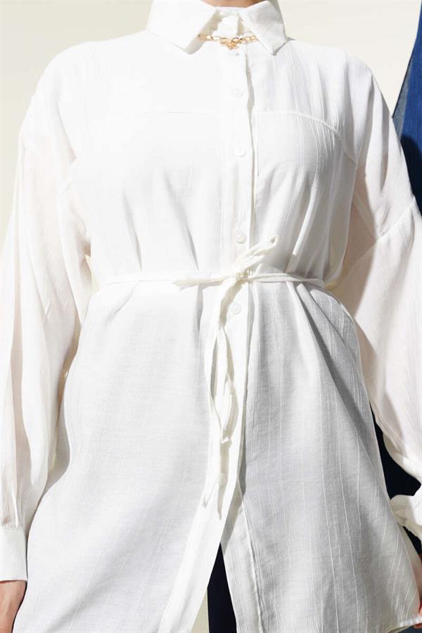 Shirt with Rope Belt and Yoke in Ecru