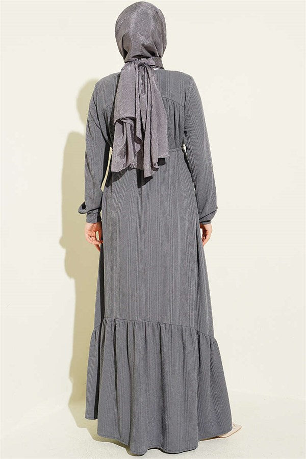 Self-Patterned Dress with Yoke, Smoke Grey