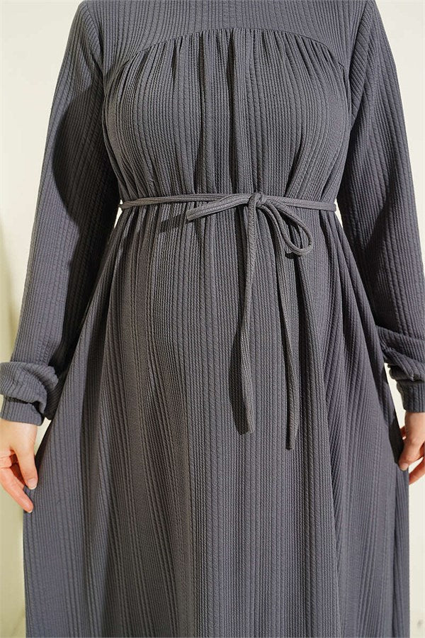 Self-Patterned Dress with Yoke, Smoke Grey