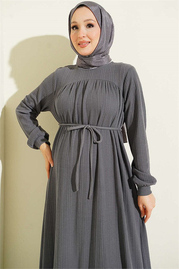 Self-Patterned Dress with Yoke, Smoke Grey