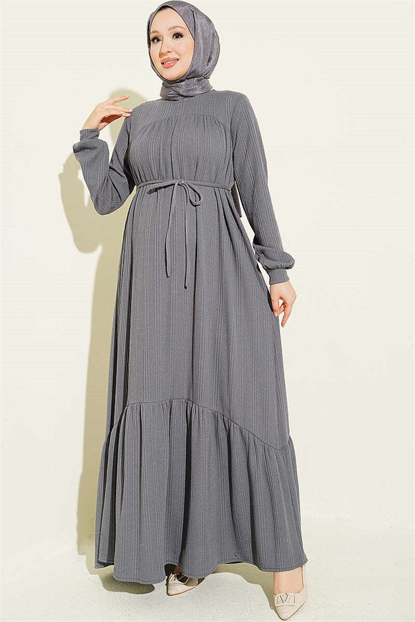 Self-Patterned Dress with Yoke, Smoke Grey