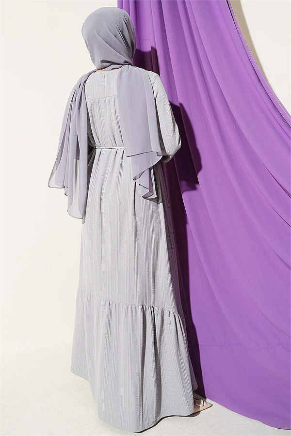 Grey Self-Patterned Dress with Yoke