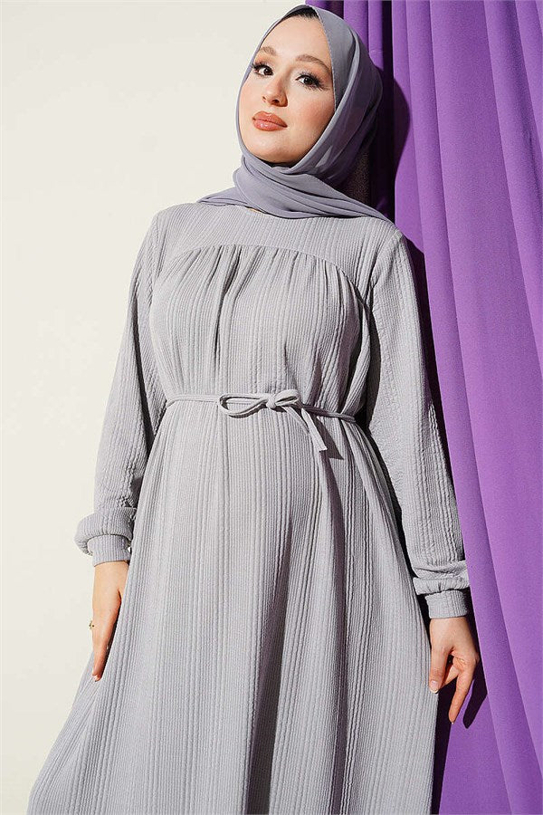 Grey Self-Patterned Dress with Yoke