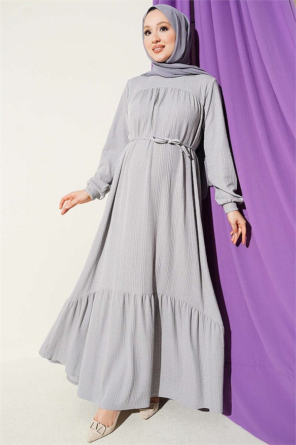 Grey Self-Patterned Dress with Yoke