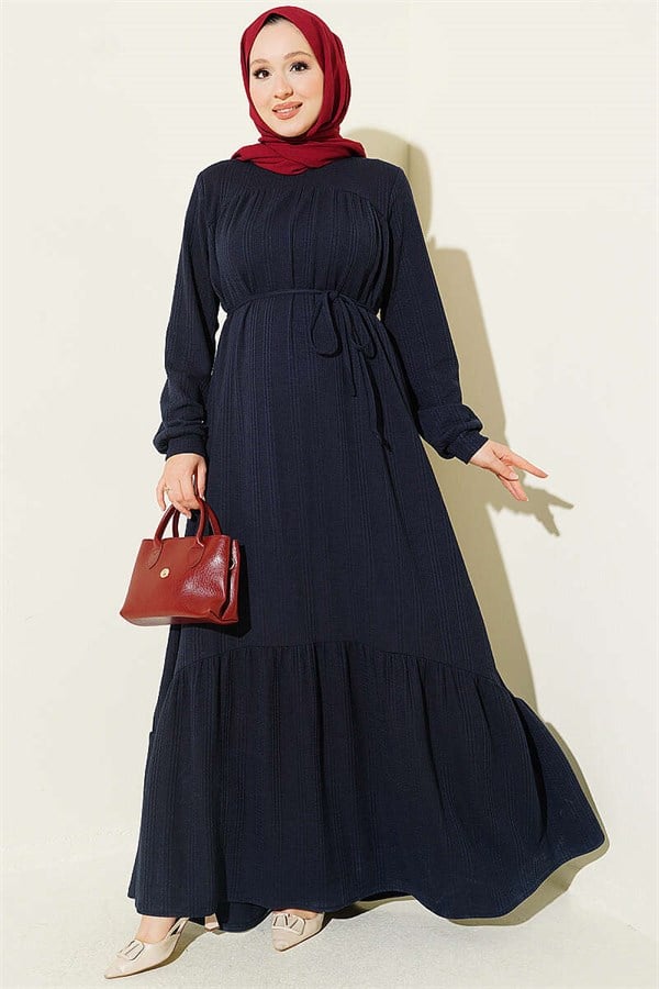 Navy Blue Self-Patterned Dress with Yoke