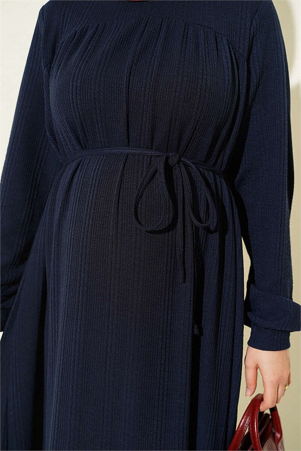 Navy Blue Self-Patterned Dress with Yoke