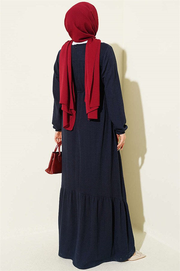 Navy Blue Self-Patterned Dress with Yoke
