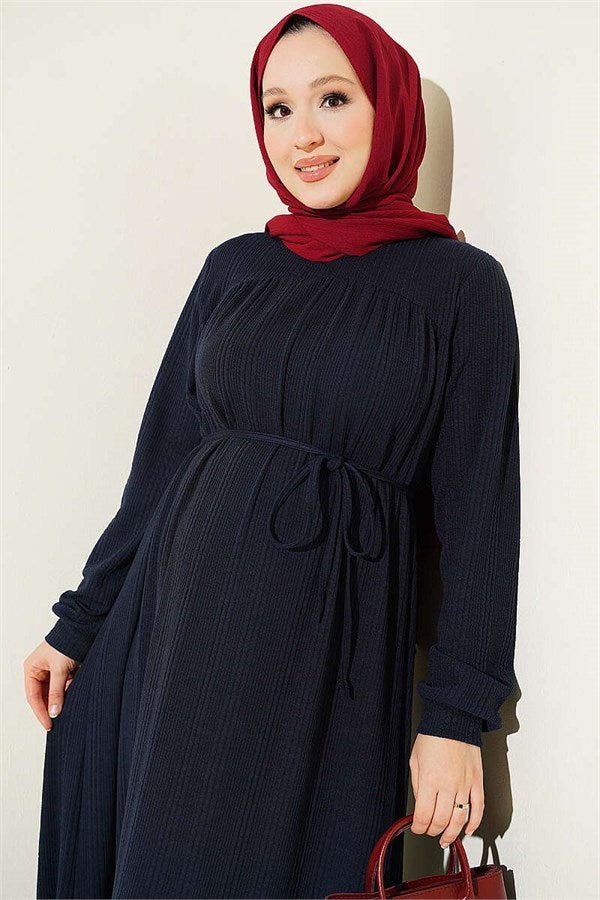 Navy Blue Self-Patterned Dress with Yoke