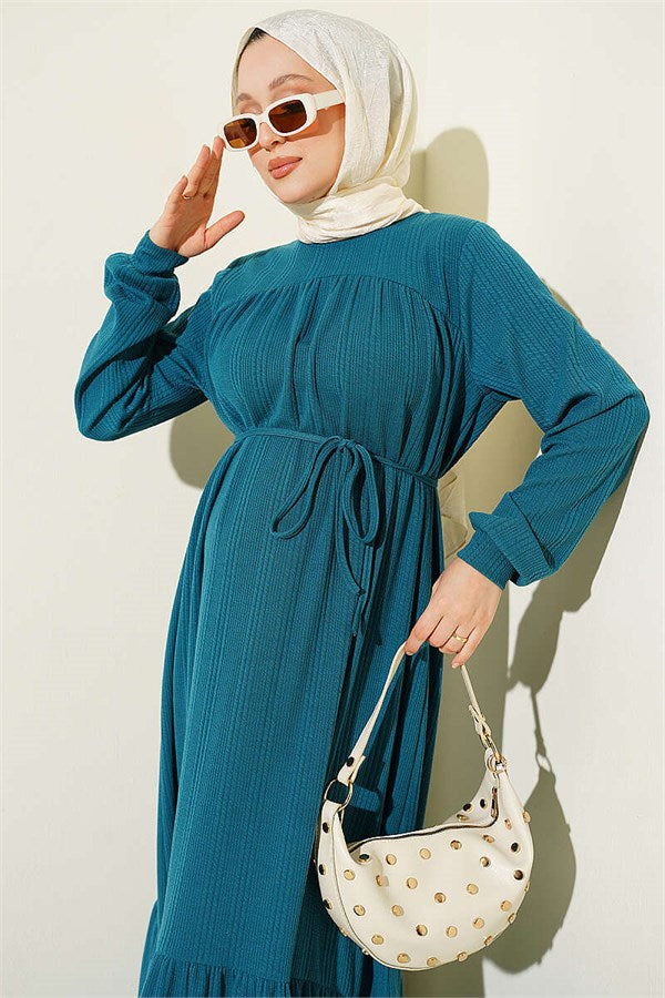 Self-Patterned Dress with Yoke, Petrol