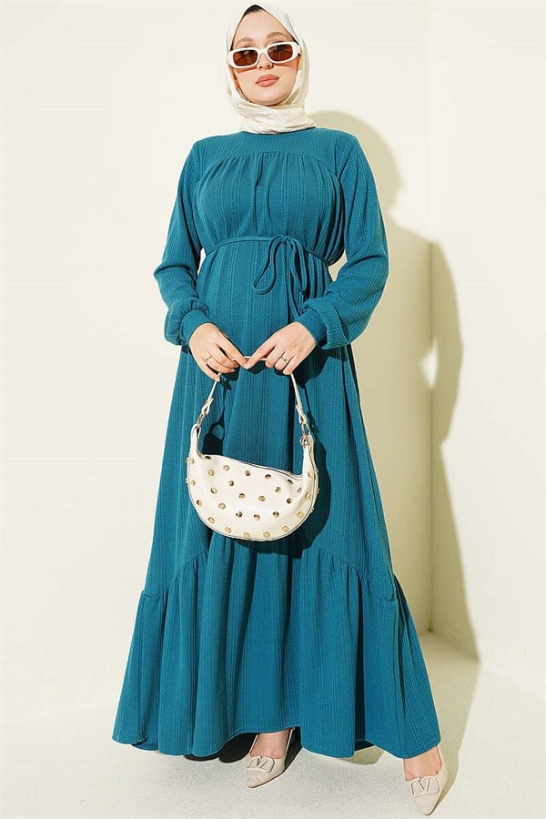 Self-Patterned Dress with Yoke, Petrol