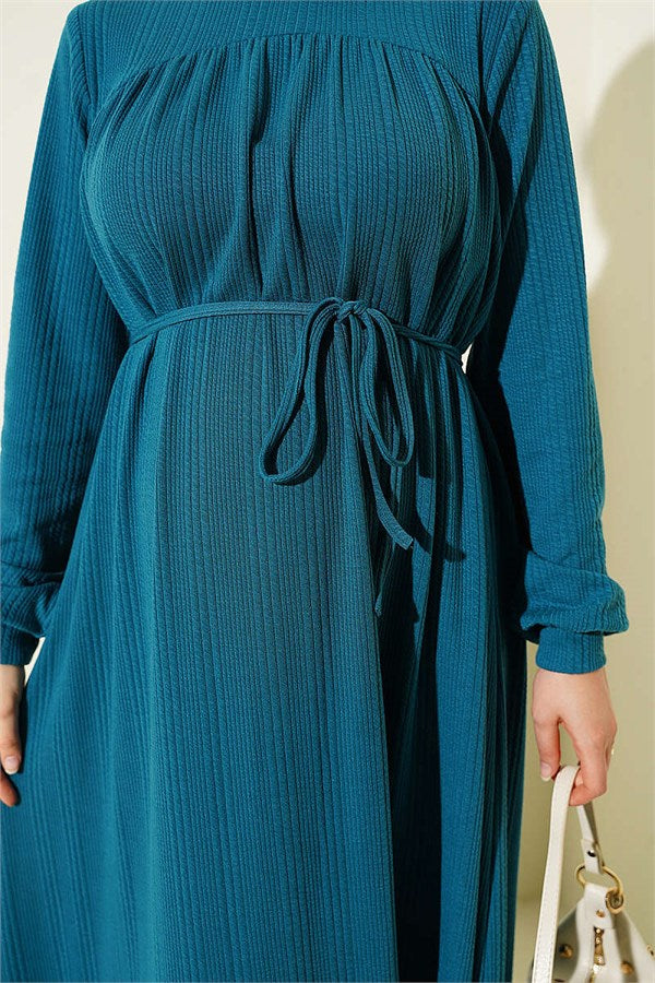 Self-Patterned Dress with Yoke, Petrol