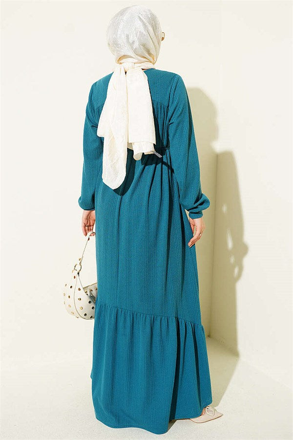 Self-Patterned Dress with Yoke, Petrol