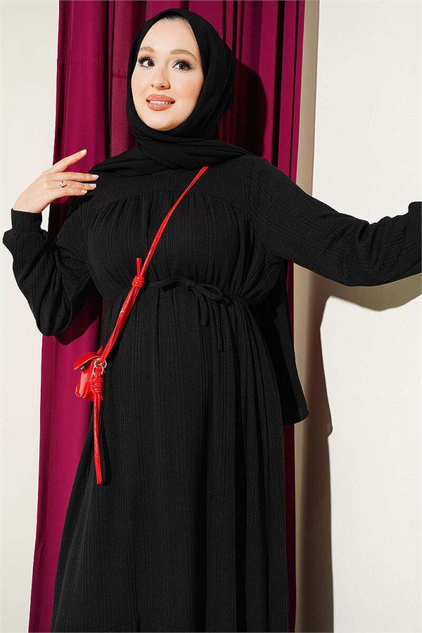 Black Dress with Self-Patterned Yoke