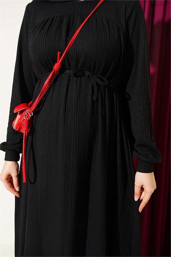 Black Dress with Self-Patterned Yoke